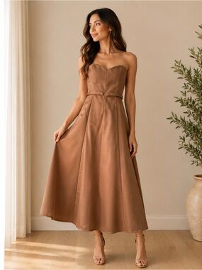 David’s Bridal Strapless Taupe Midi Dress Size 2